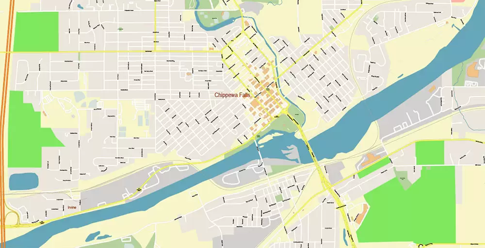 Eau Claire Chippewa Falls Wisconsin US PDF Vector Map: Exact High Detailed City Plan editable Adobe PDF Street Map in layers