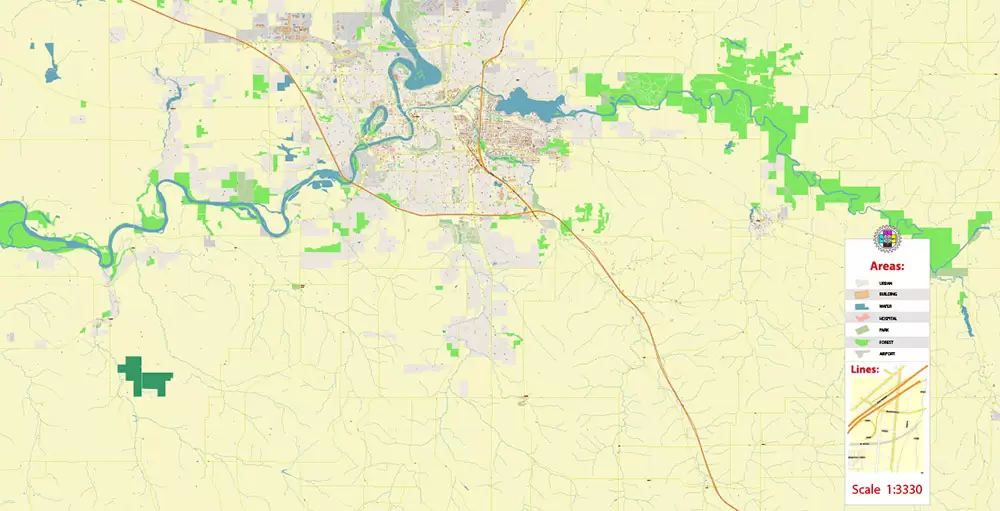 Eau Claire Chippewa Falls Wisconsin US PDF Vector Map: Exact High Detailed City Plan editable Adobe PDF Street Map in layers