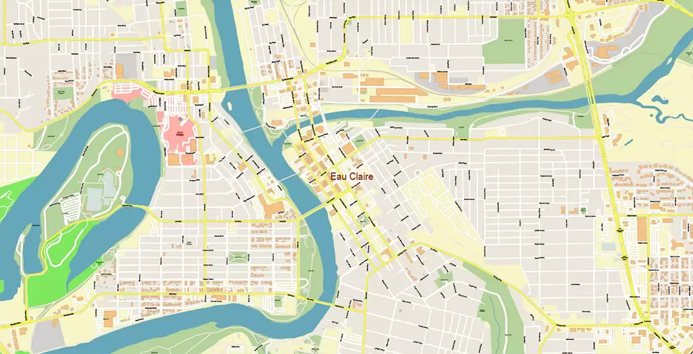 Eau Claire Chippewa Falls Wisconsin US PDF Vector Map: Exact High Detailed City Plan editable Adobe PDF Street Map in layers
