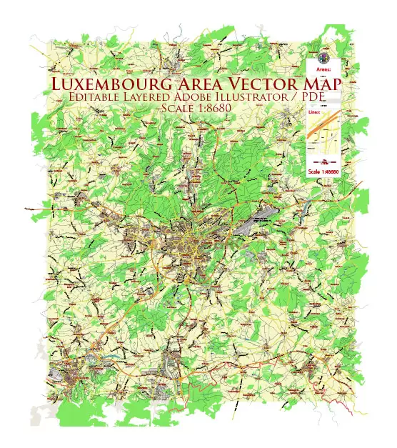 Luxembourg Map Vector City Plan Low Detailed (for small print size) Street Map editable Adobe Illustrator in layers
