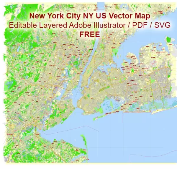 New York City NY US Vector Map Free Editable Layered Adobe Illustrator + PDF + SVG