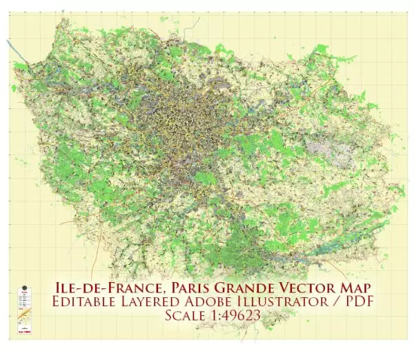 Paris Ile de France Map Vector City Plan Low Detailed (for small print size) Street Map editable Adobe Illustrator in layers