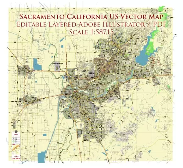Sacramento California US Map Vector City Plan Low Detailed (for small print size) Street Map editable Adobe Illustrator in layers