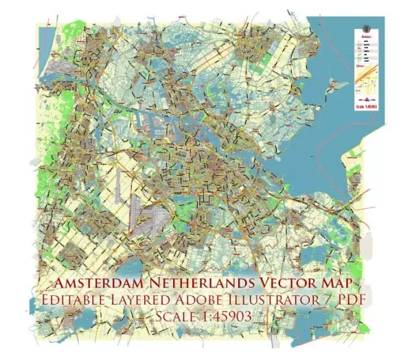 Amsterdam Netherlands Map Vector City Plan Low Detailed (for small print size) Street Map editable Adobe Illustrator in layers