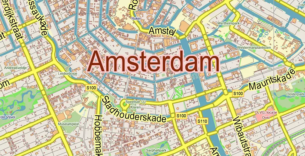 Amsterdam Netherlands PDF Vector Map: City Plan Low Detailed (for small print size) Street Map editable Adobe PDF in layers