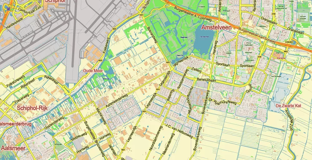 Amsterdam Netherlands PDF Vector Map: City Plan Low Detailed (for small print size) Street Map editable Adobe PDF in layers