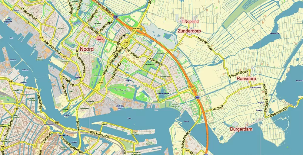 Amsterdam Netherlands PDF Vector Map: City Plan Low Detailed (for small print size) Street Map editable Adobe PDF in layers