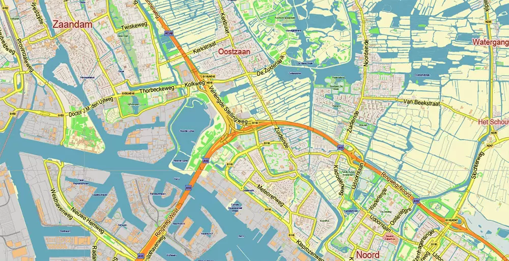 Amsterdam Netherlands PDF Vector Map: City Plan Low Detailed (for small print size) Street Map editable Adobe PDF in layers