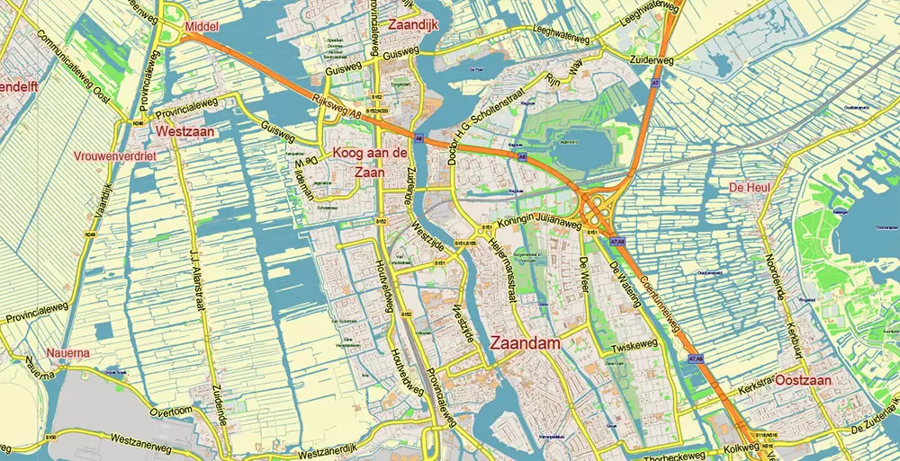 Amsterdam Netherlands PDF Vector Map: City Plan Low Detailed (for small print size) Street Map editable Adobe PDF in layers