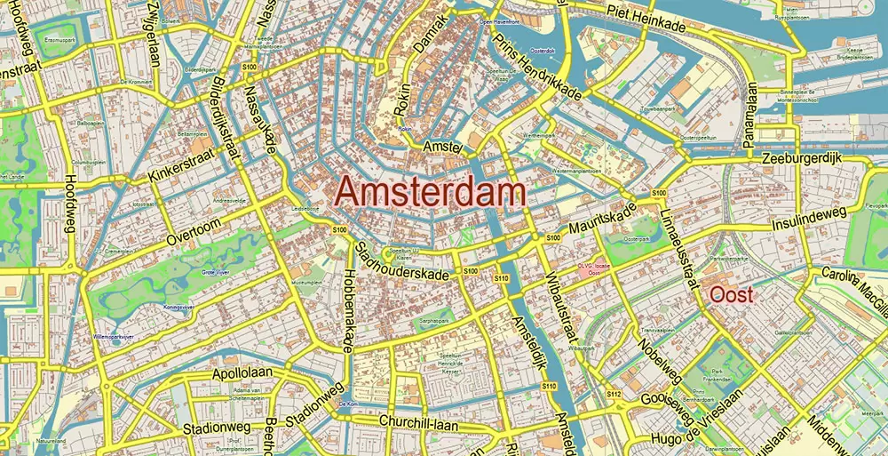 Amsterdam Netherlands PDF Vector Map: City Plan Low Detailed (for small print size) Street Map editable Adobe PDF in layers