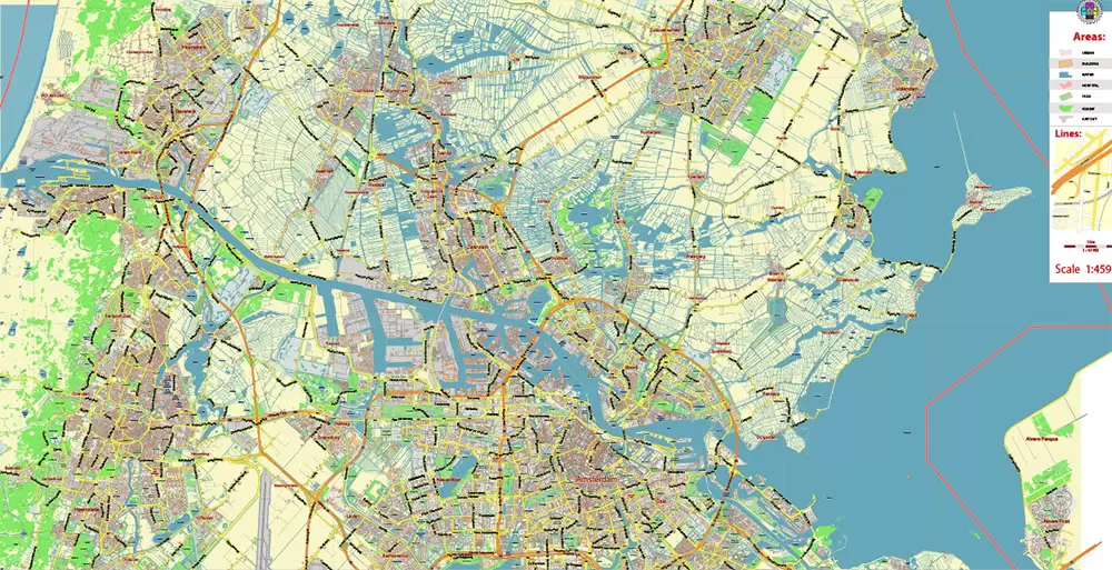 Amsterdam Netherlands PDF Vector Map: City Plan Low Detailed (for small print size) Street Map editable Adobe PDF in layers