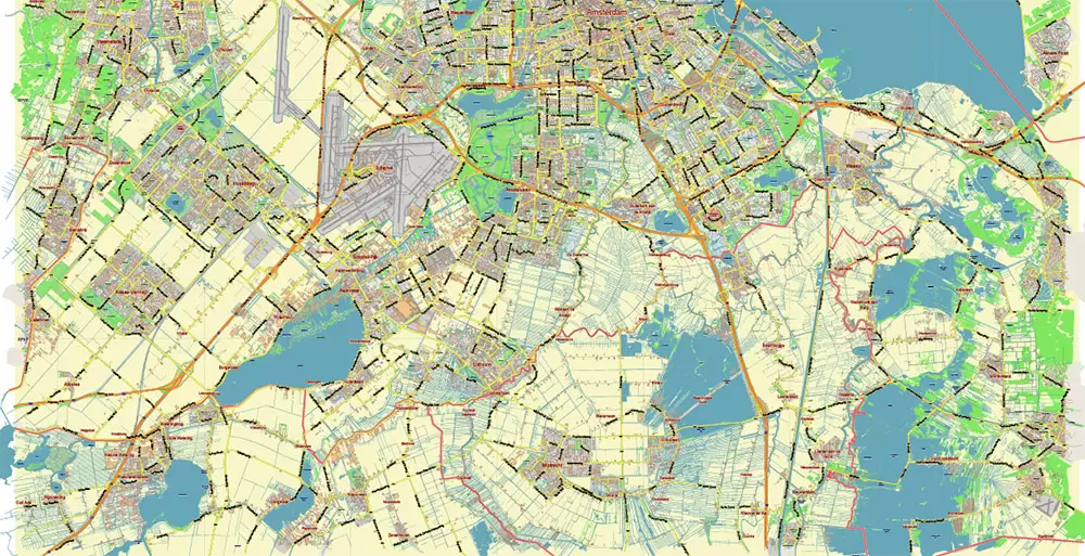 Amsterdam Netherlands PDF Vector Map: City Plan Low Detailed (for small print size) Street Map editable Adobe PDF in layers