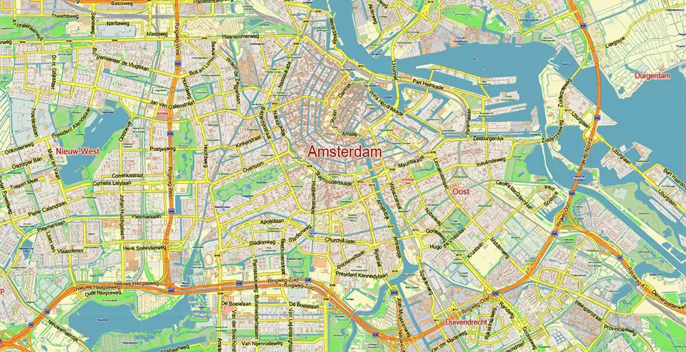 Amsterdam Netherlands PDF Vector Map: City Plan Low Detailed (for small print size) Street Map editable Adobe PDF in layers