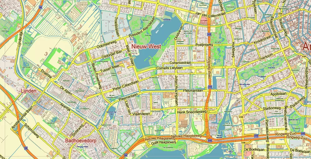 Amsterdam Netherlands PDF Vector Map: City Plan Low Detailed (for small print size) Street Map editable Adobe PDF in layers