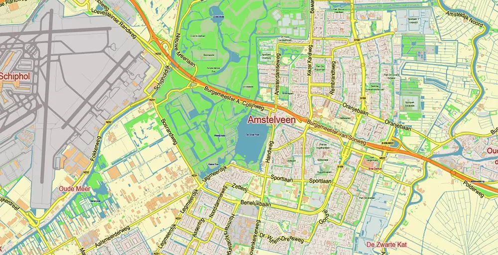 Amsterdam Netherlands PDF Vector Map: City Plan Low Detailed (for small print size) Street Map editable Adobe PDF in layers