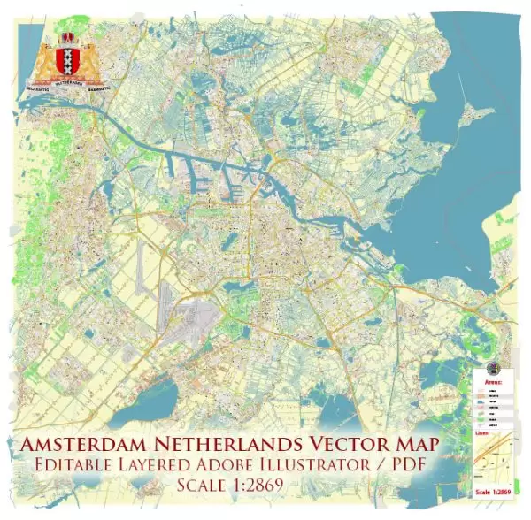 Amsterdam Netherlands Map Vector Exact High Detailed City Plan editable Adobe Illustrator Street Map in layers