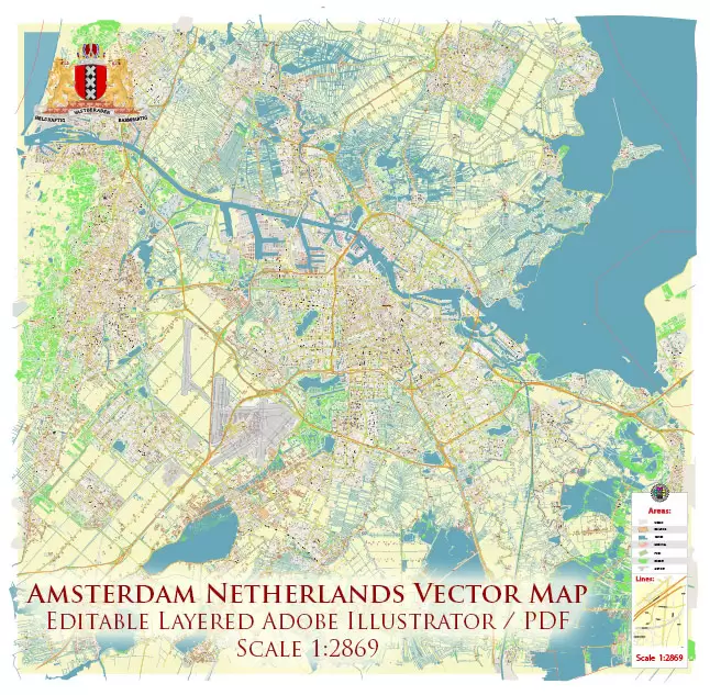 Amsterdam Netherlands PDF Vector Map: Exact High Detailed City Plan editable Adobe PDF Street Map in layers