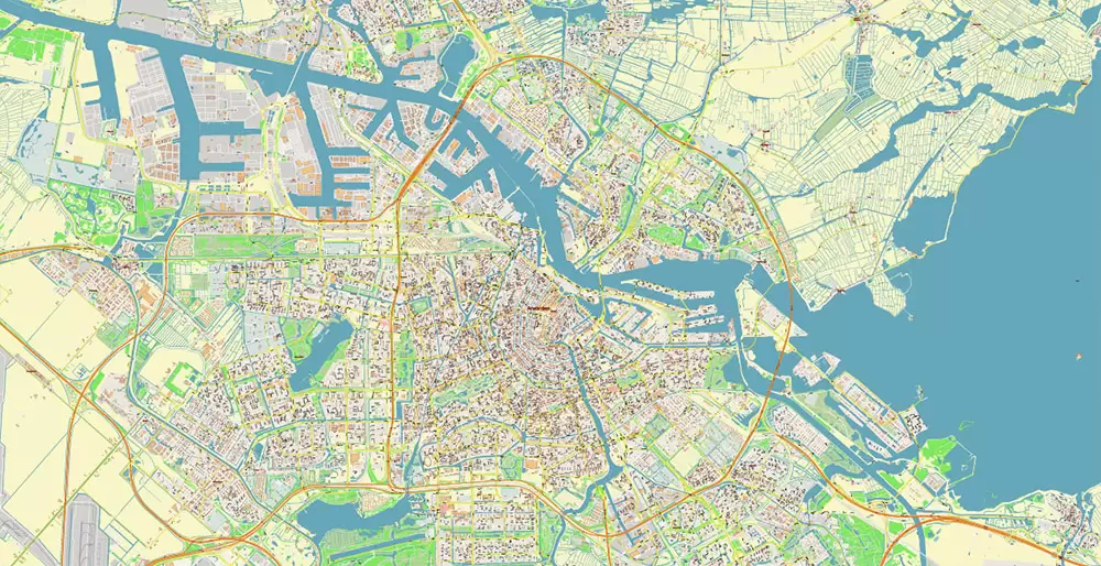 Amsterdam Netherlands PDF Vector Map: Exact High Detailed City Plan editable Adobe PDF Street Map in layers