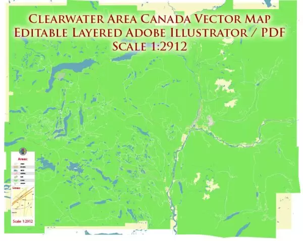 Clearwater Area British Columbia Canada Map Vector Exact High Detailed Plan editable Adobe Illustrator Street Map in layers
