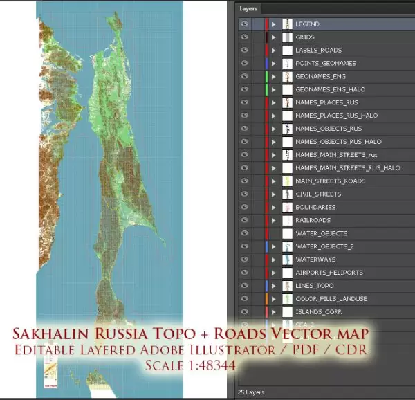 Sakhalin Island Russia Vector Map (Roads, Relief, Water) Editable Layered PDF, CDR and Adobe Illustrator