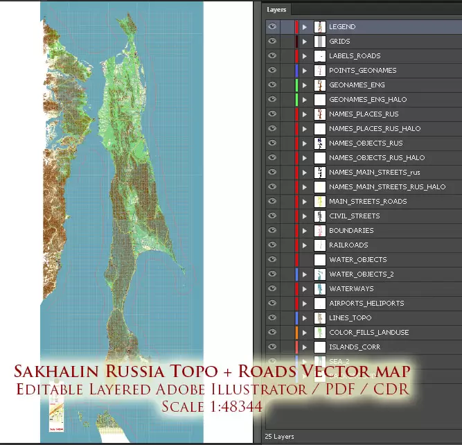 Sakhalin Island Russia Vector Map (Roads, Relief, Water) Editable Layered PDF, CDR and Adobe Illustrator