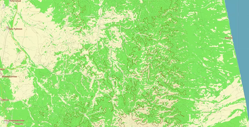 Sakhalin Island Russia Vector Map (Roads, Relief, Water) Editable Layered PDF, CDR and Adobe Illustrator