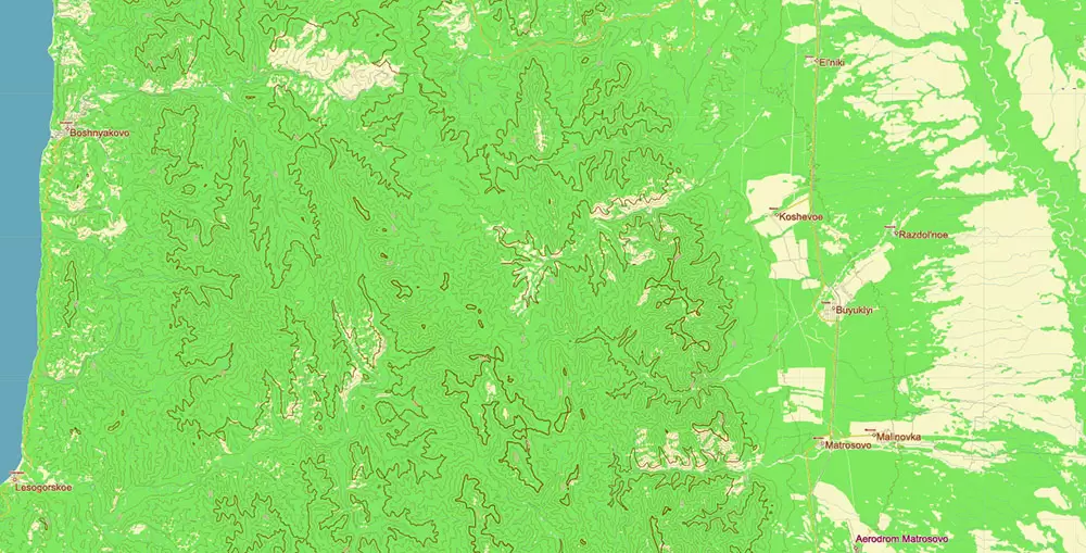 Sakhalin Island Russia Vector Map (Roads, Relief, Water) Editable Layered PDF, CDR and Adobe Illustrator
