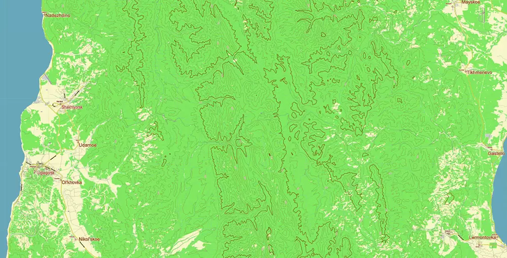 Sakhalin Island Russia Vector Map (Roads, Relief, Water) Editable Layered PDF, CDR and Adobe Illustrator