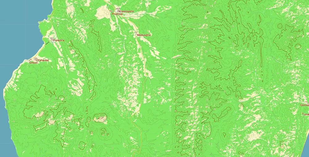 Sakhalin Island Russia Vector Map (Roads, Relief, Water) Editable Layered PDF, CDR and Adobe Illustrator