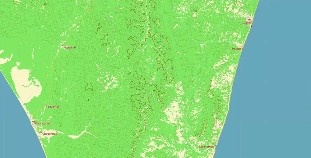 Sakhalin Island Russia Vector Map (Roads, Relief, Water) Editable Layered PDF, CDR and Adobe Illustrator