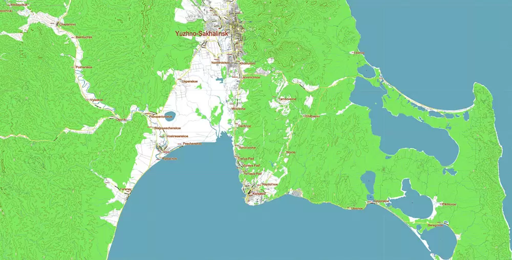 Sakhalin Island Russia Vector Map (Roads, Relief, Water) Editable Layered PDF, CDR and Adobe Illustrator