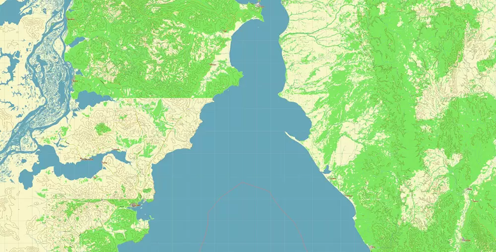 Sakhalin Island Russia Vector Map (Roads, Relief, Water) Editable Layered PDF, CDR and Adobe Illustrator