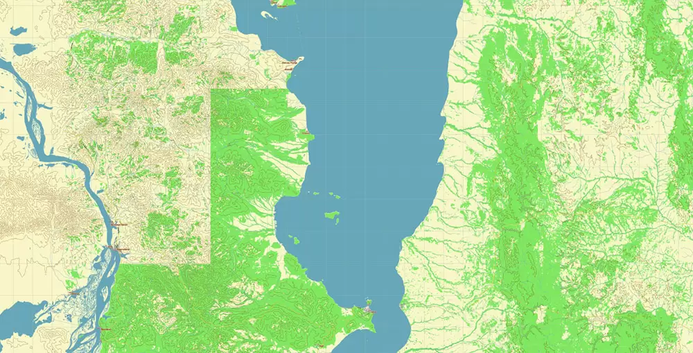 Sakhalin Island Russia Vector Map (Roads, Relief, Water) Editable Layered PDF, CDR and Adobe Illustrator