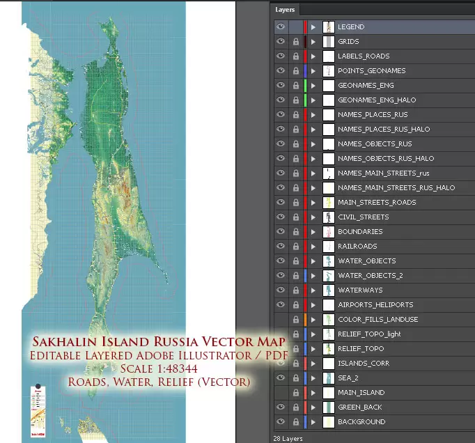 Sakhalin Island Russia Vector Map (Roads, Relief, Water) Editable Layered Adobe Illustrator