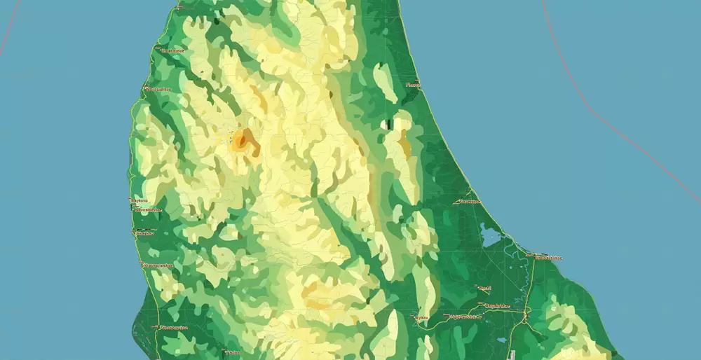 Sakhalin Island Russia Vector Map (Roads, Relief, Water) Editable Layered Adobe Illustrator