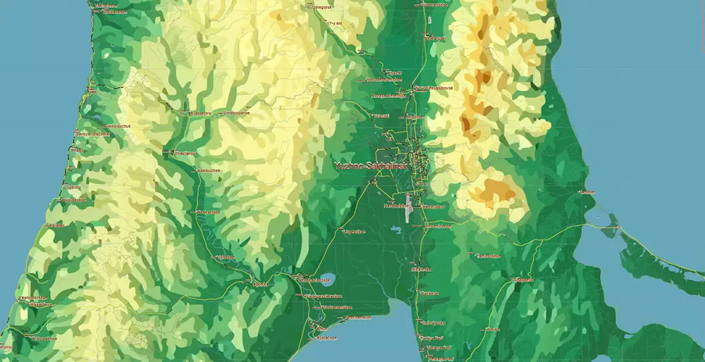 Sakhalin Island Russia Vector Map (Roads, Relief, Water) Editable Layered Adobe Illustrator