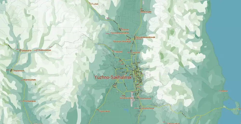 Sakhalin Island Russia Vector Map (Roads, Relief, Water) Editable Layered Adobe Illustrator