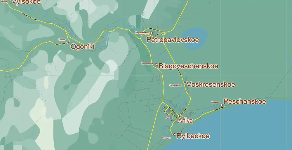 Sakhalin Island Russia Vector Map (Roads, Relief, Water) Editable Layered Adobe Illustrator