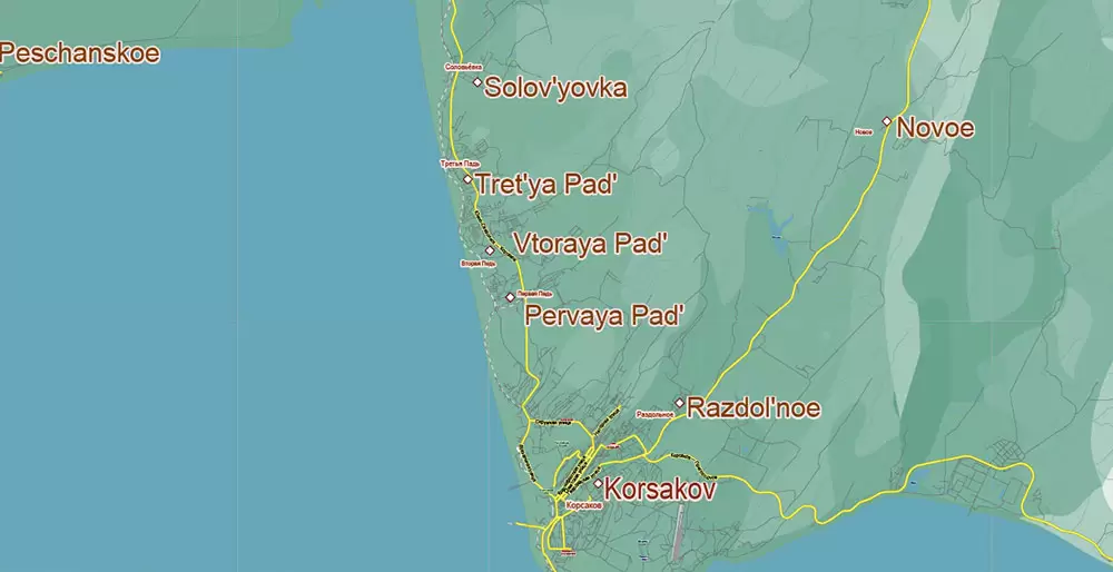 Sakhalin Island Russia Vector Map (Roads, Relief, Water) Editable Layered Adobe Illustrator
