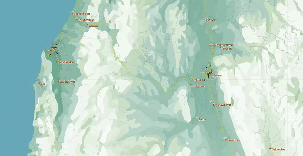 Sakhalin Island Russia Vector Map (Roads, Relief, Water) Editable Layered Adobe Illustrator