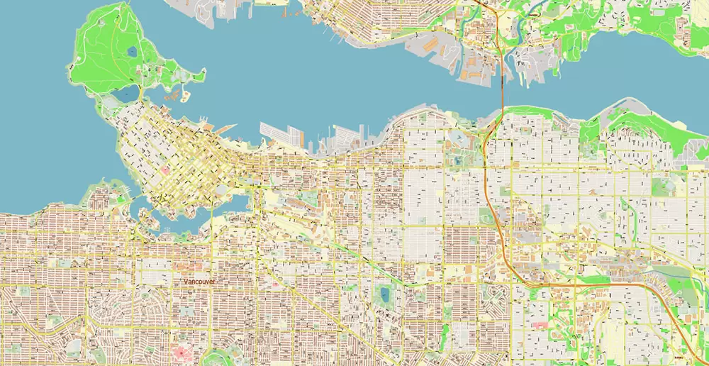 Vancouver Canada large area Map Vector Exact High Detailed City Plan editable Adobe Illustrator Street Map in layers