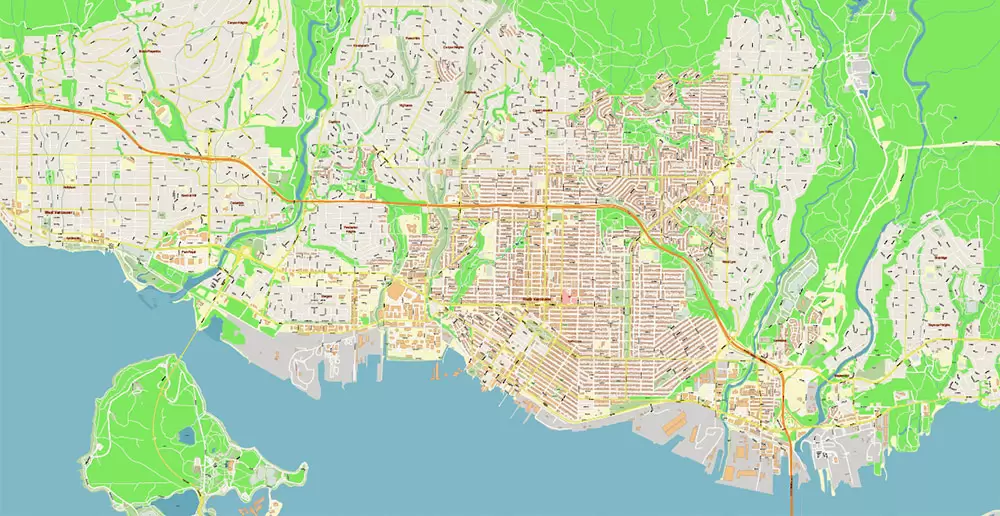 Vancouver Canada large area Map Vector Exact High Detailed City Plan editable Adobe Illustrator Street Map in layers