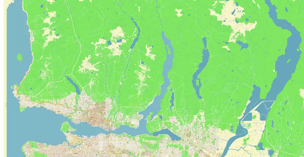 Vancouver Canada large area Map Vector Exact High Detailed City Plan editable Adobe Illustrator Street Map in layers
