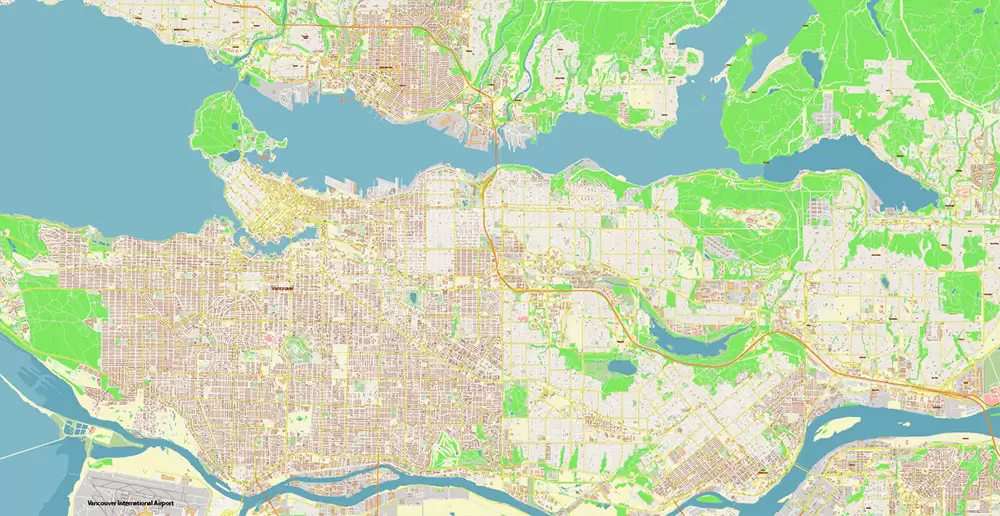 Vancouver Canada large area Map Vector Exact High Detailed City Plan editable Adobe Illustrator Street Map in layers