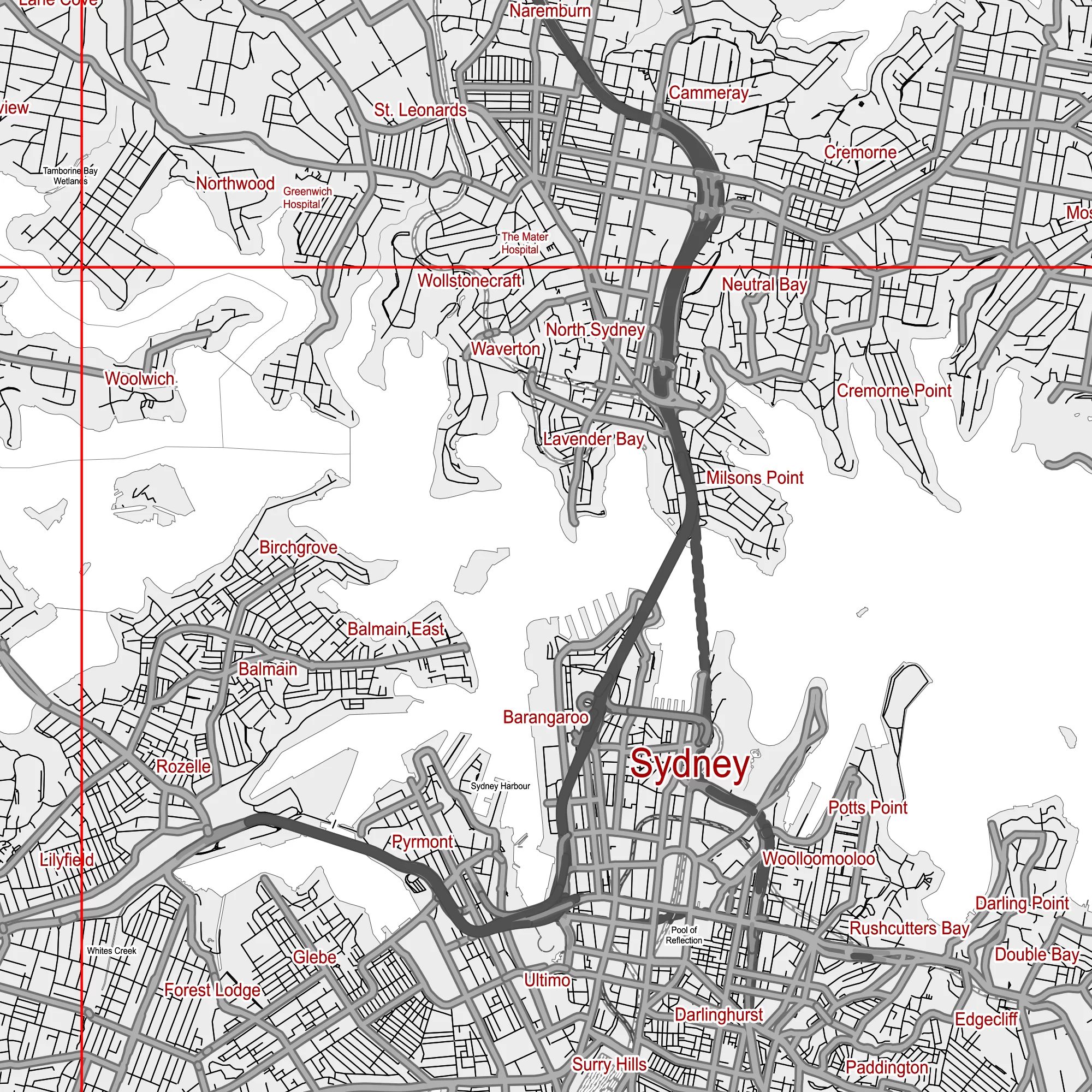 Sydney Australia PDF Vector Map: City Plan Low Detailed (simple BLANK version) Street Map editable Adobe PDF in layers