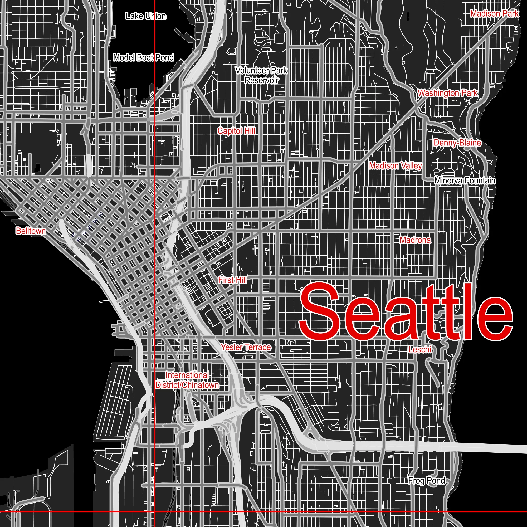 Seattle Washington US PDF Vector Map: City Plan Low Detailed (simple BLACK & WHITE) Street Map editable Adobe PDF in layers