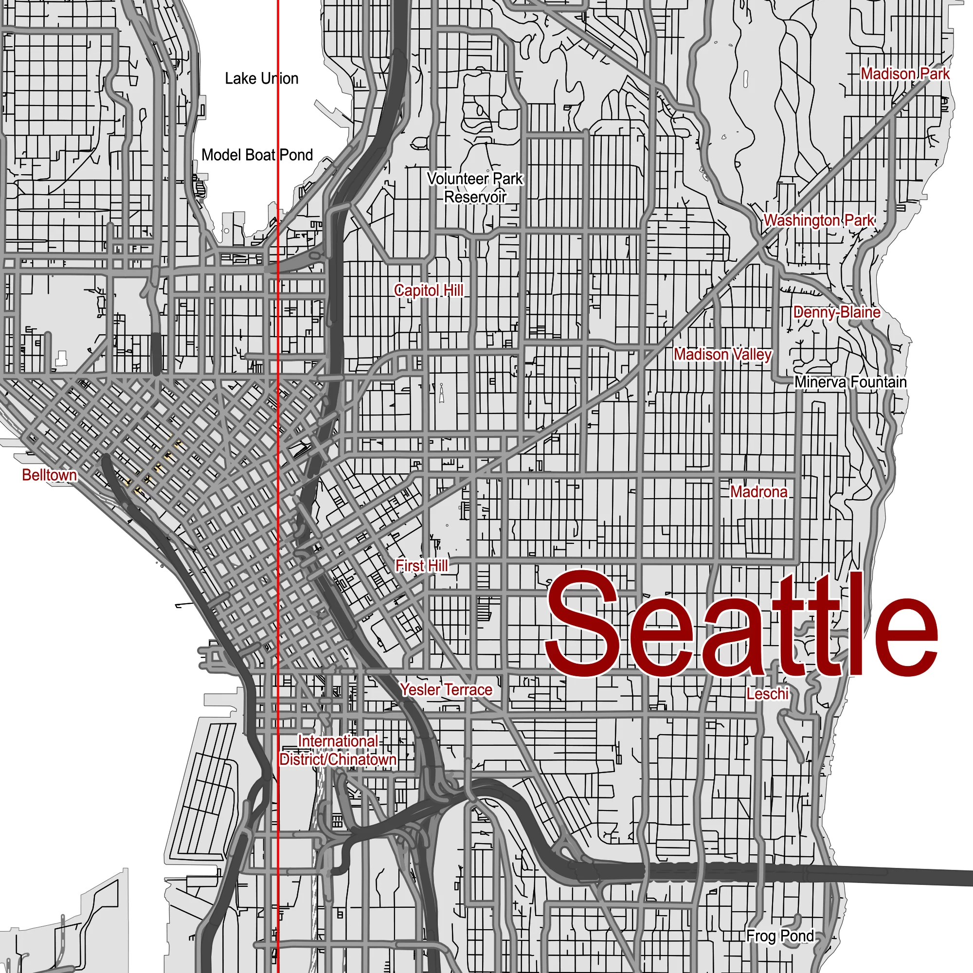 Seattle Washington US PDF Vector Map: City Plan Low Detailed (simple white + black hc) Street Map editable Adobe PDF in layers.