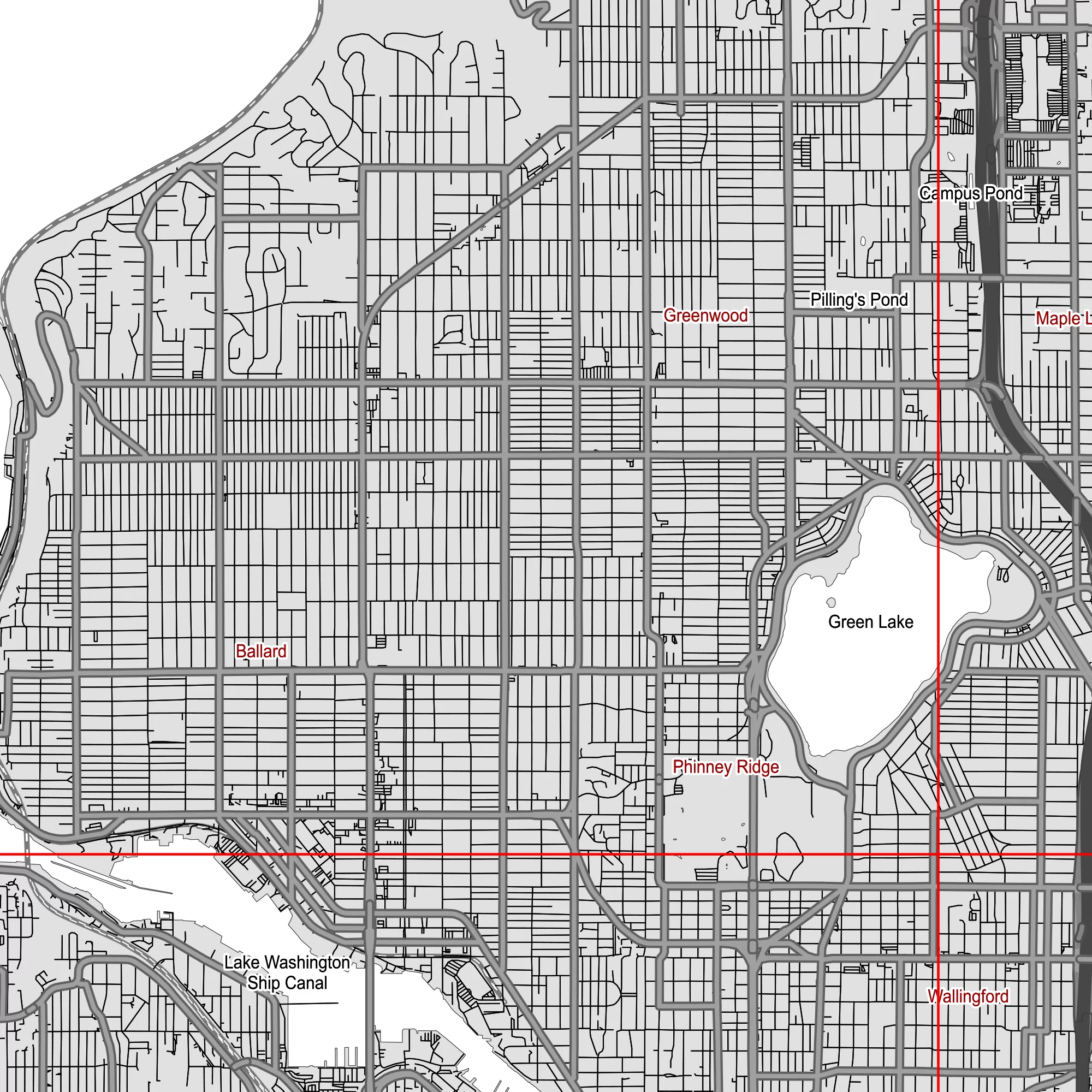 Seattle Washington US PDF Vector Map: City Plan Low Detailed (simple white + black hc) Street Map editable Adobe PDF in layers.