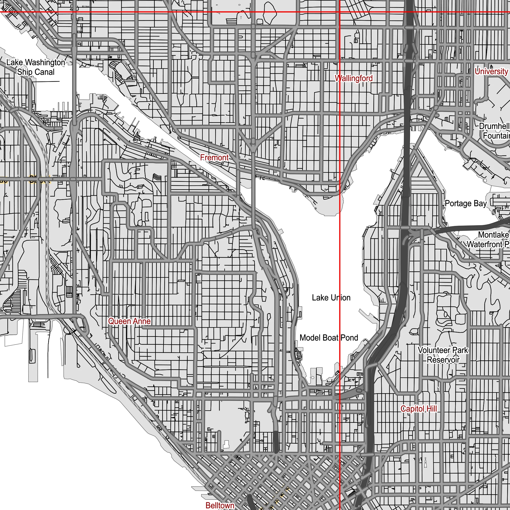 Seattle Washington US PDF Vector Map: City Plan Low Detailed (simple white + black hc) Street Map editable Adobe PDF in layers.