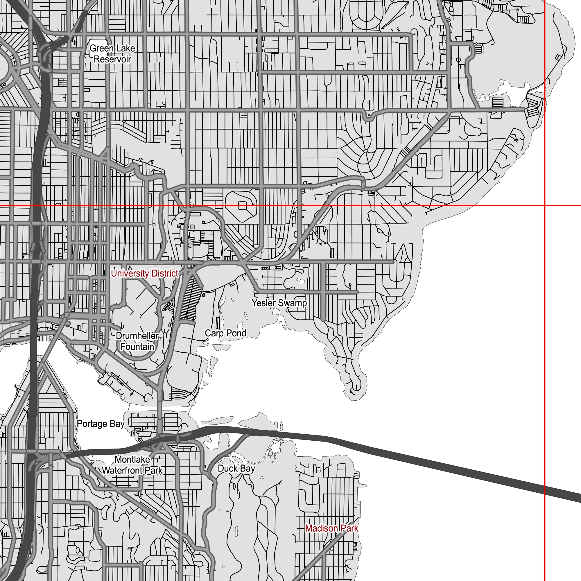 Seattle Washington US PDF Vector Map: City Plan Low Detailed (simple white + black hc) Street Map editable Adobe PDF in layers.
